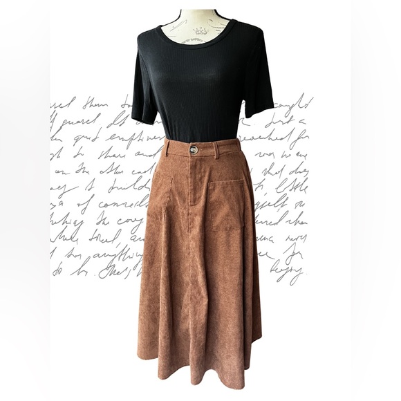 Dresses & Skirts - Women's Brown Corduroy A-Line Midi Skirt